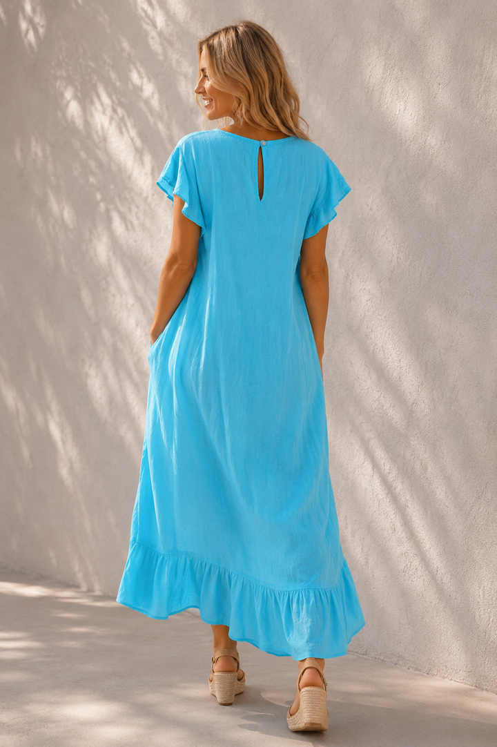 Alexia Linen Frill Dress Turquoise