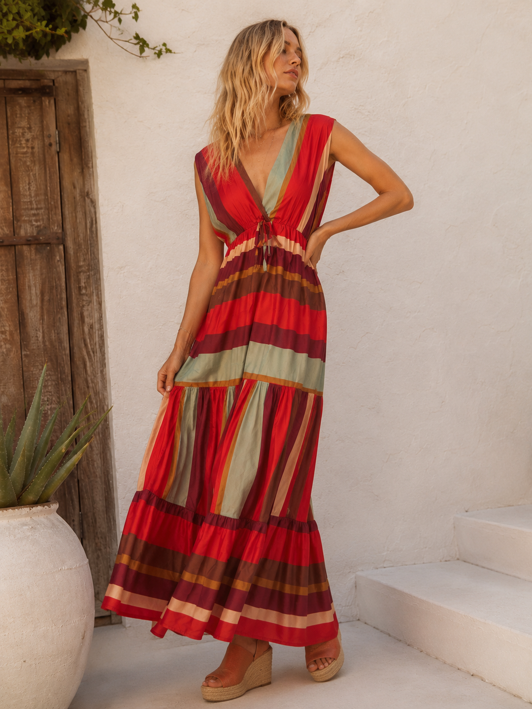 Isla Block Stripe Dress Strawberry