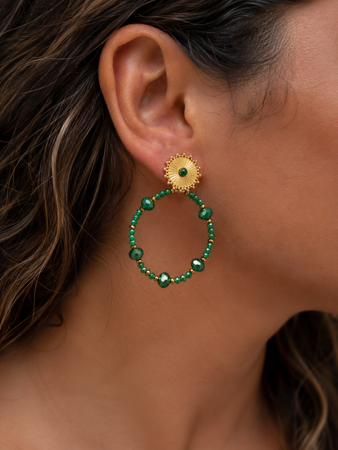 Gold Disc Large Bead Circle Drop Earring Aqua