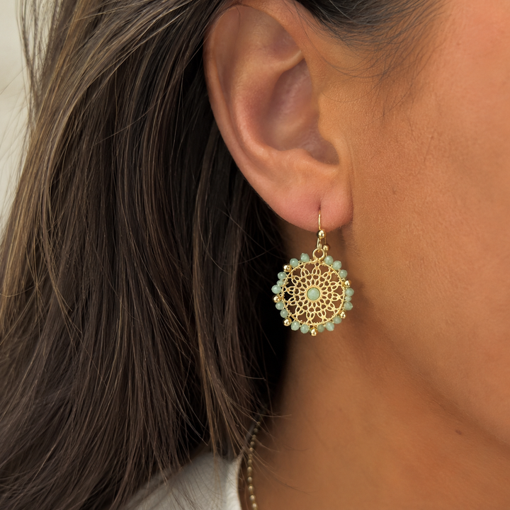 Natural Stone Beaded Disc Earring Aqua