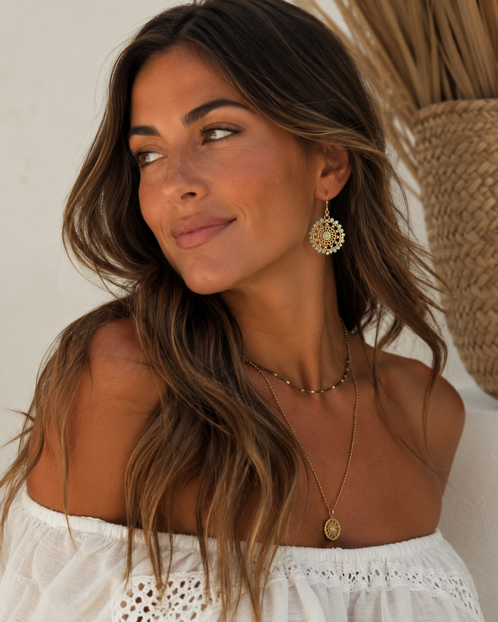 Natural Stone Beaded Disc Earring Aqua