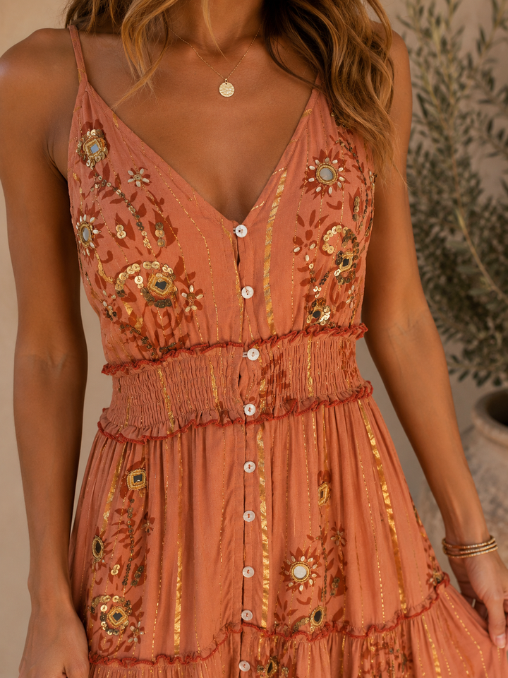Bohemian Embellished Maxi Dress - Rust