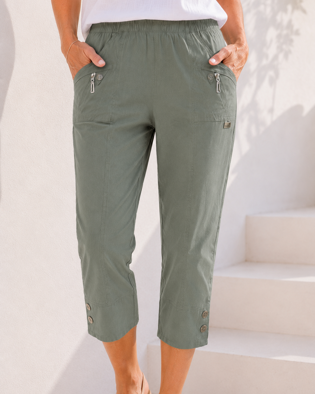 Cropped Stretch Trousers Khaki