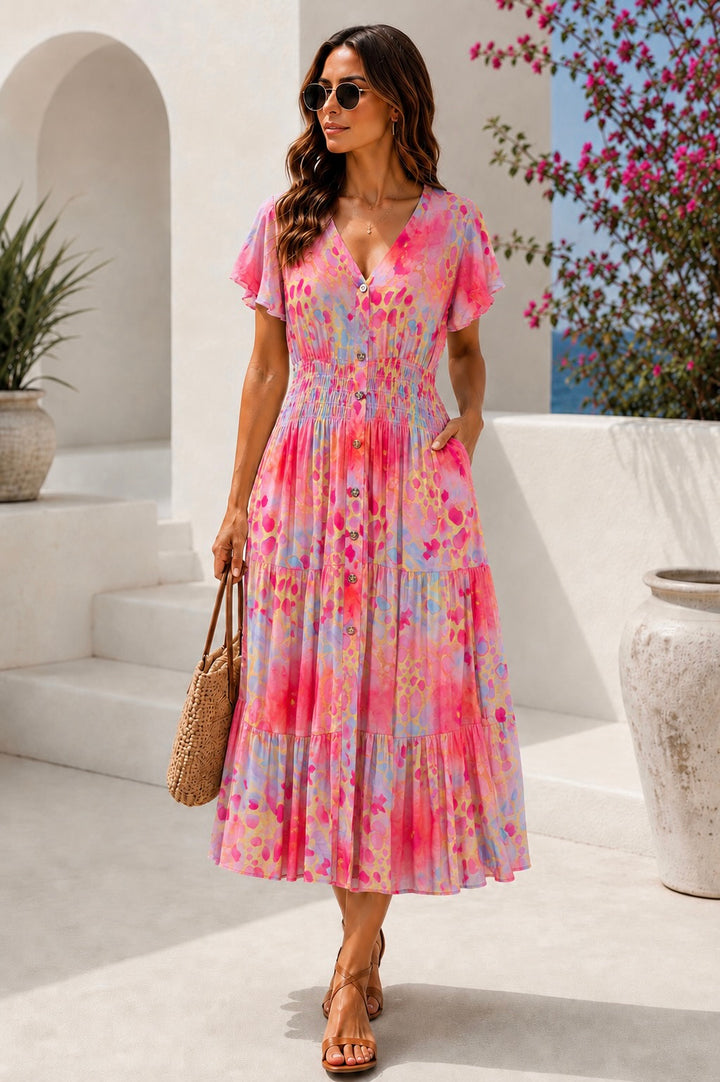 Brisa Animal Print Midi Dress Coral