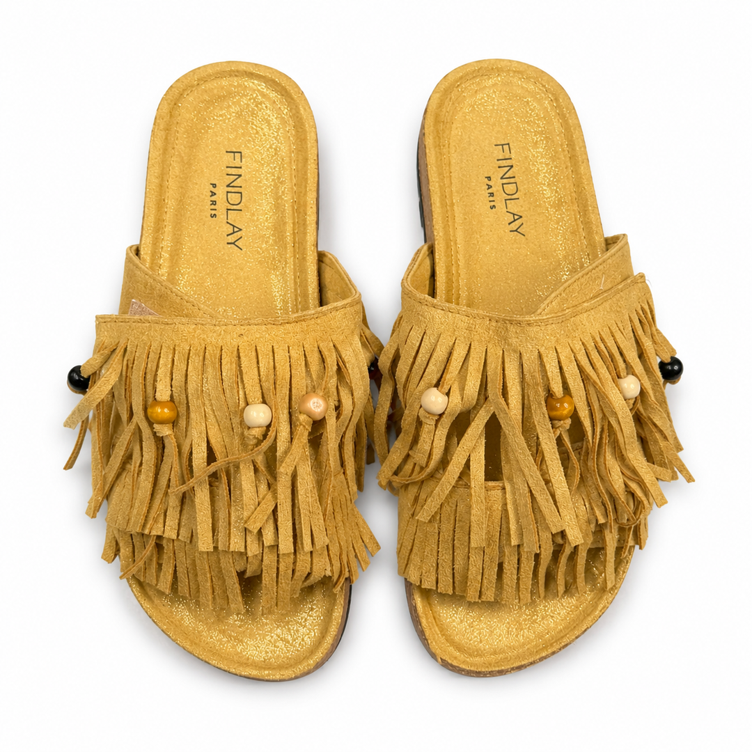 Boho Shimmer Fringe Sandals Mustard