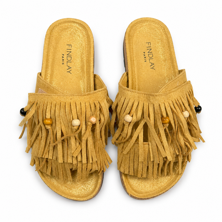 Boho Shimmer Fringe Sandals Mustard