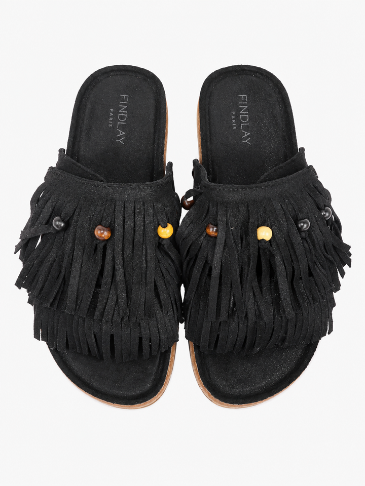 Boho Shimmer Fringe Sandals Black