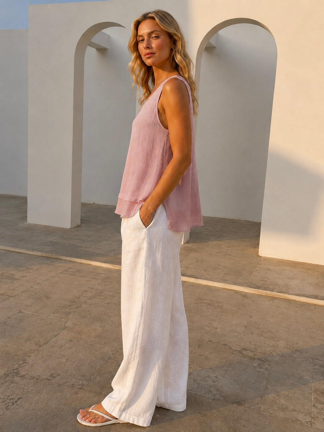 Matilda Sleeveless Linen Top Blush