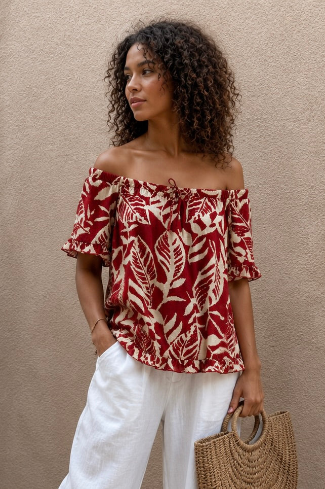 Raquel Leaf Print Bardot Top Terracota