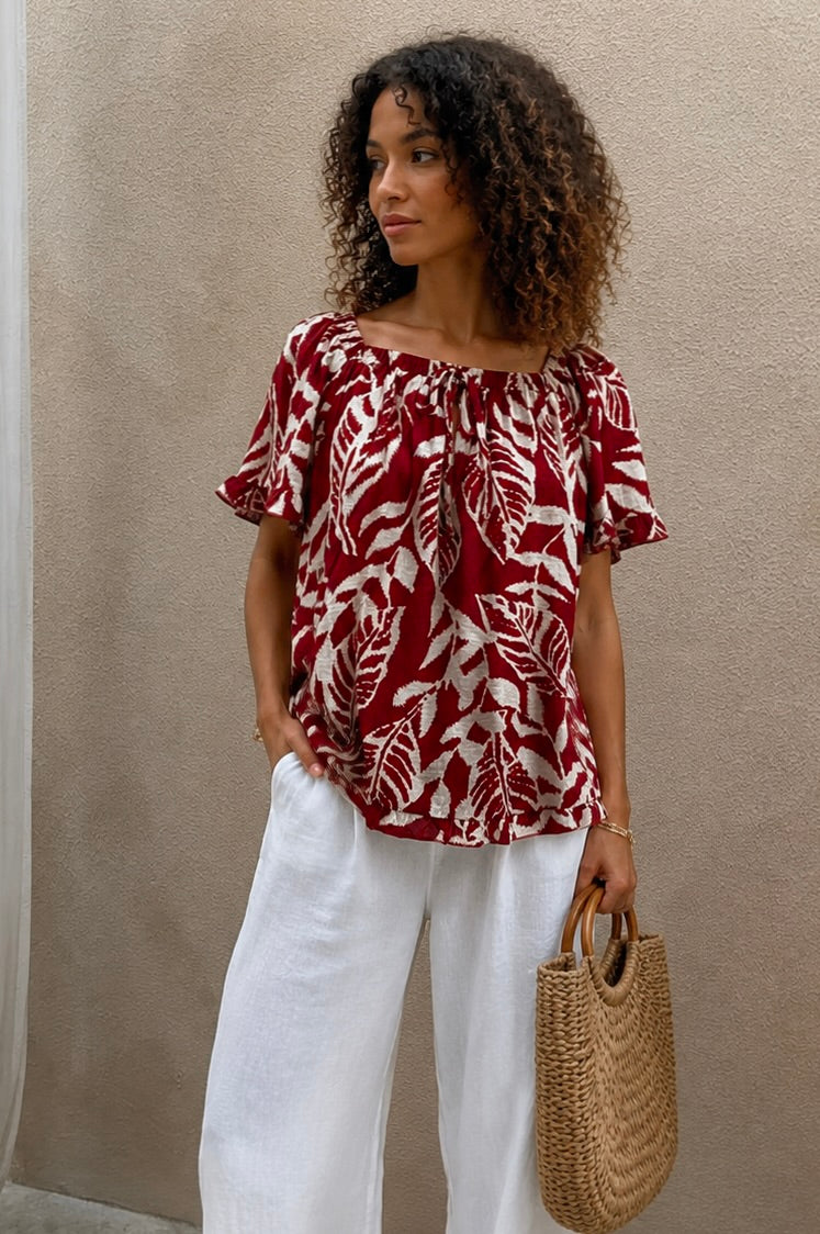 Raquel Leaf Print Bardot Top Terracota