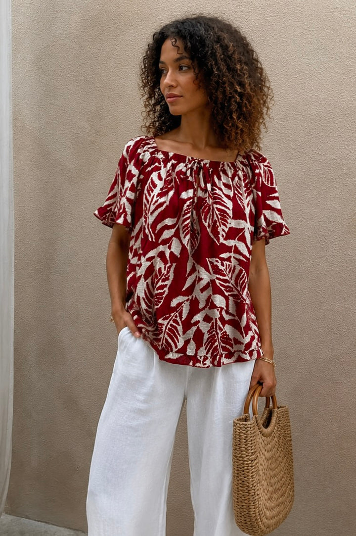 Raquel Leaf Print Bardot Top Terracota