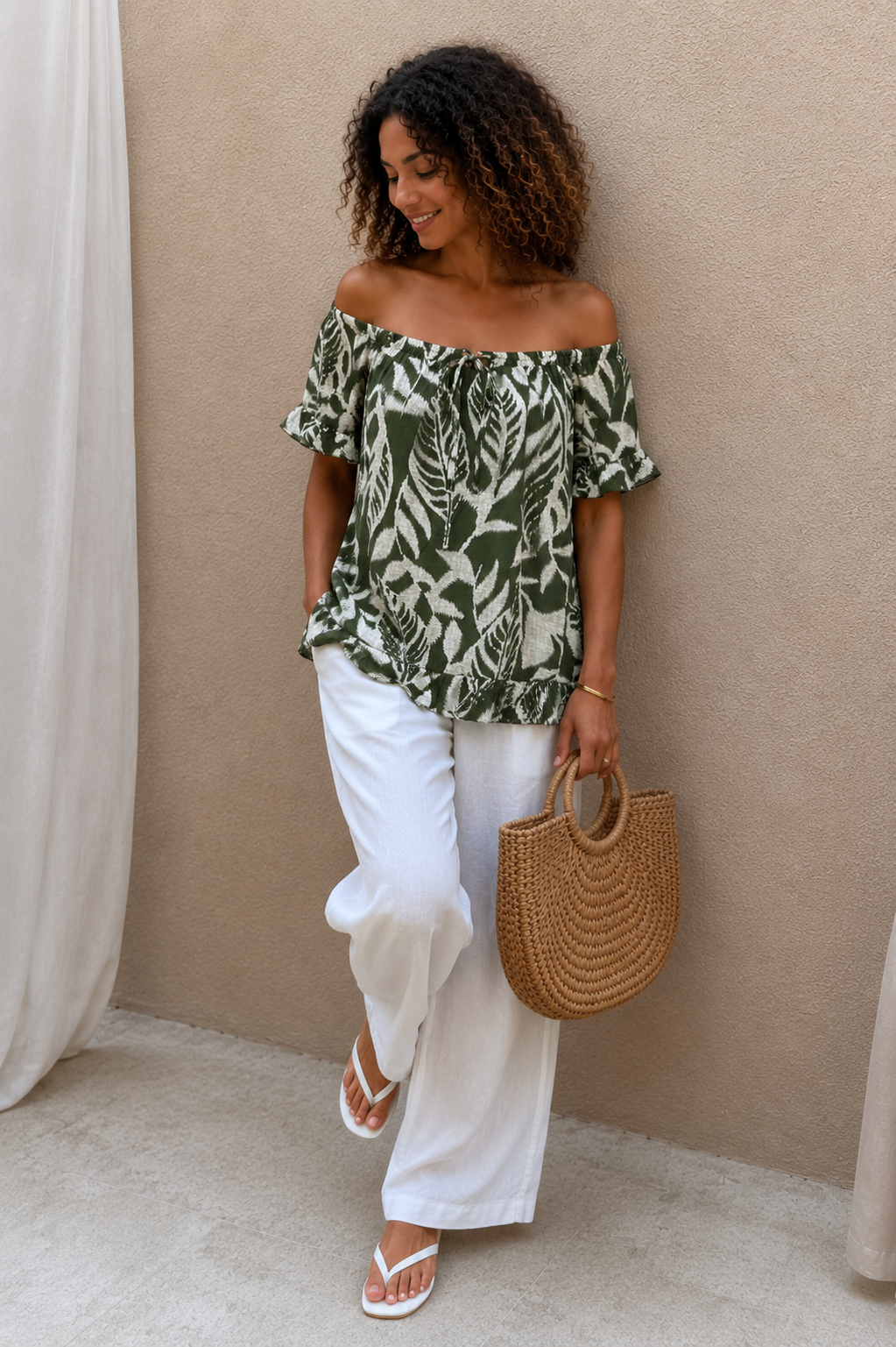 Raquel Leaf Print Bardot Top Khaki