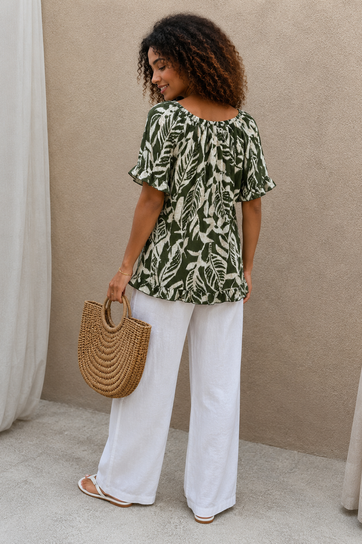 Raquel Leaf Print Bardot Top Khaki