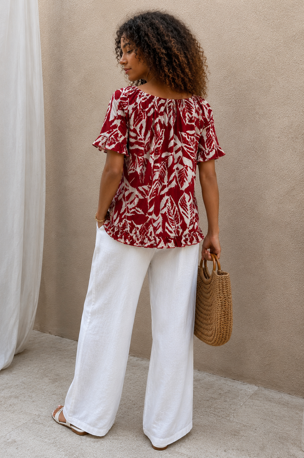 Raquel Leaf Print Bardot Top Terracota