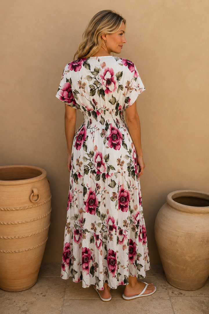 Peony Bloom Shirred Maxi Dress White