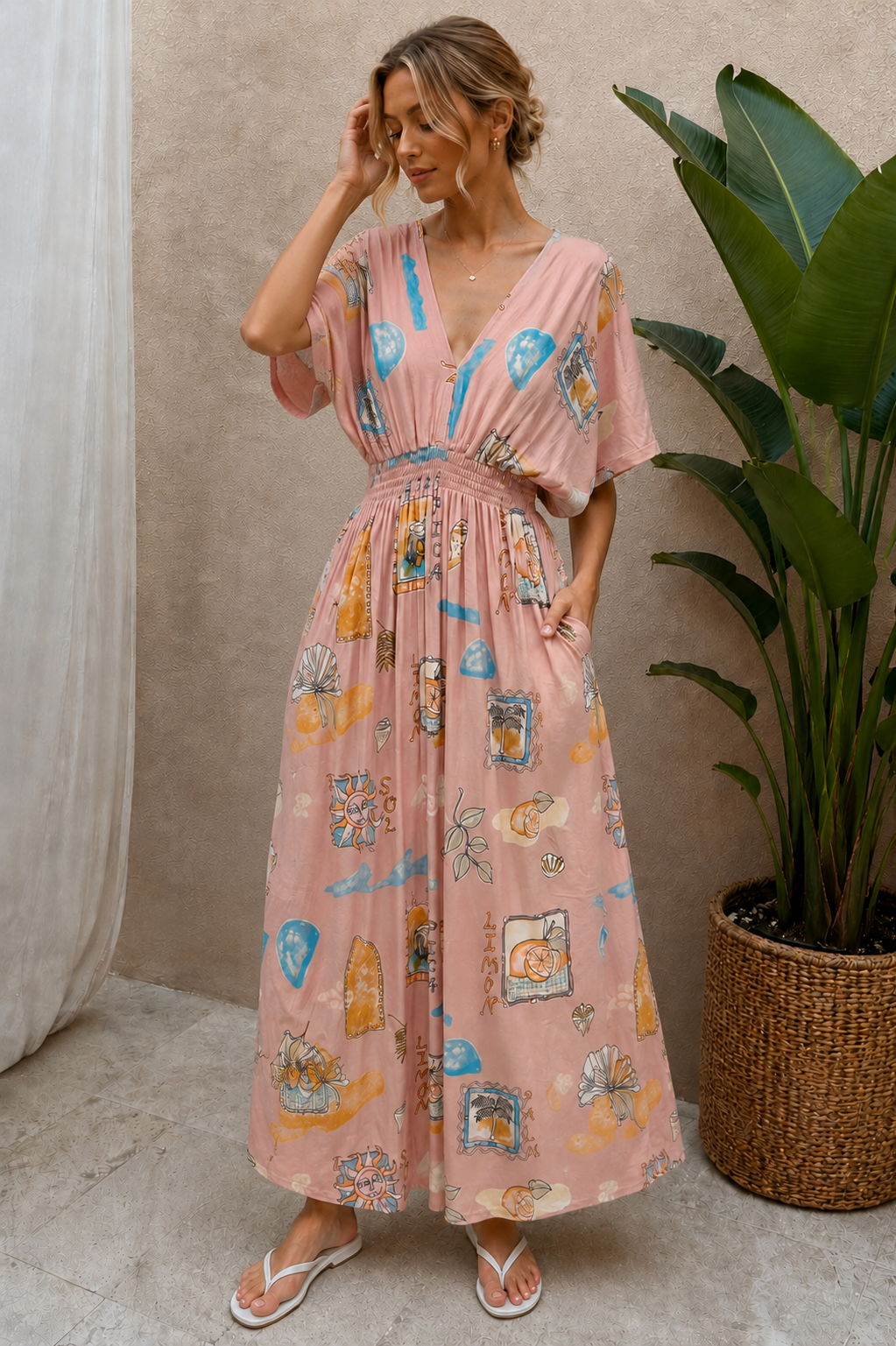 Kirana Postcard Print Maxi Dress Pink