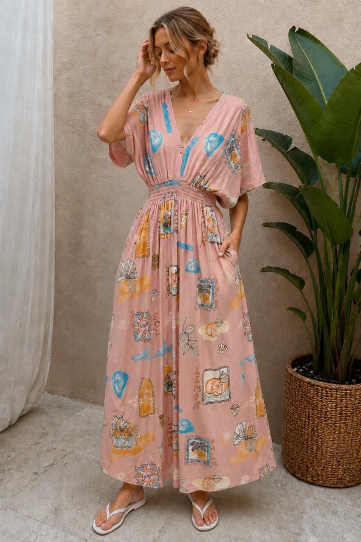 Kirana Postcard Print Maxi Dress Pink