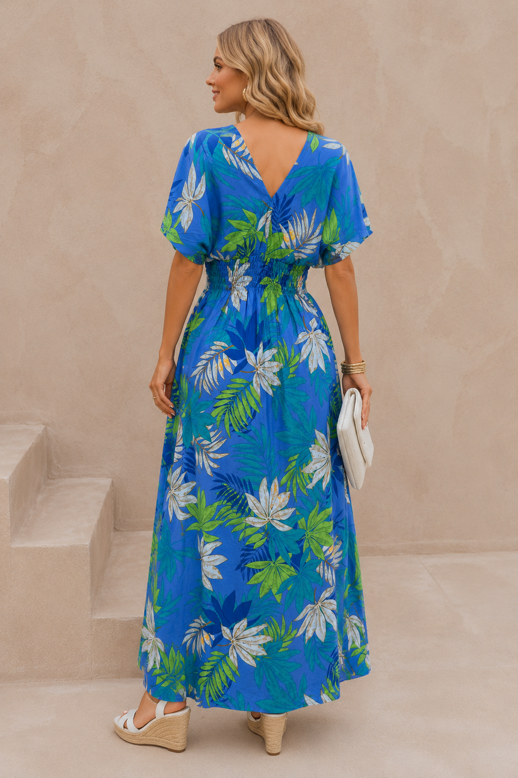 Nailah Floral Palm Dress Blue