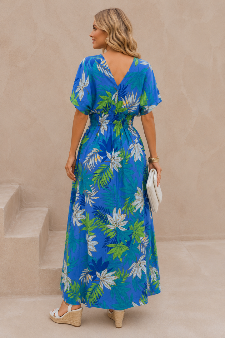 Nailah Floral Palm Dress Blue