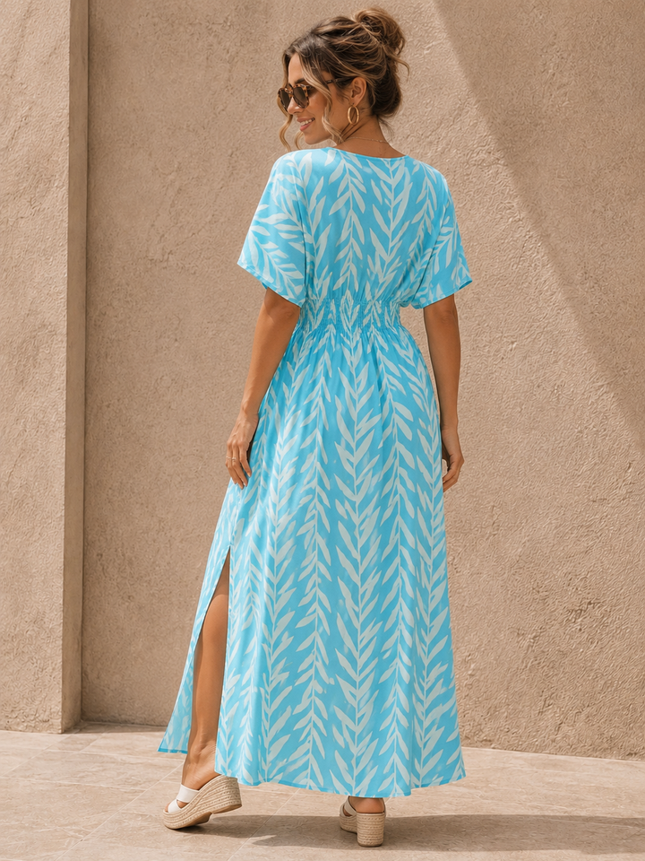 Yuliana Leaf Print Dress Sky Blue