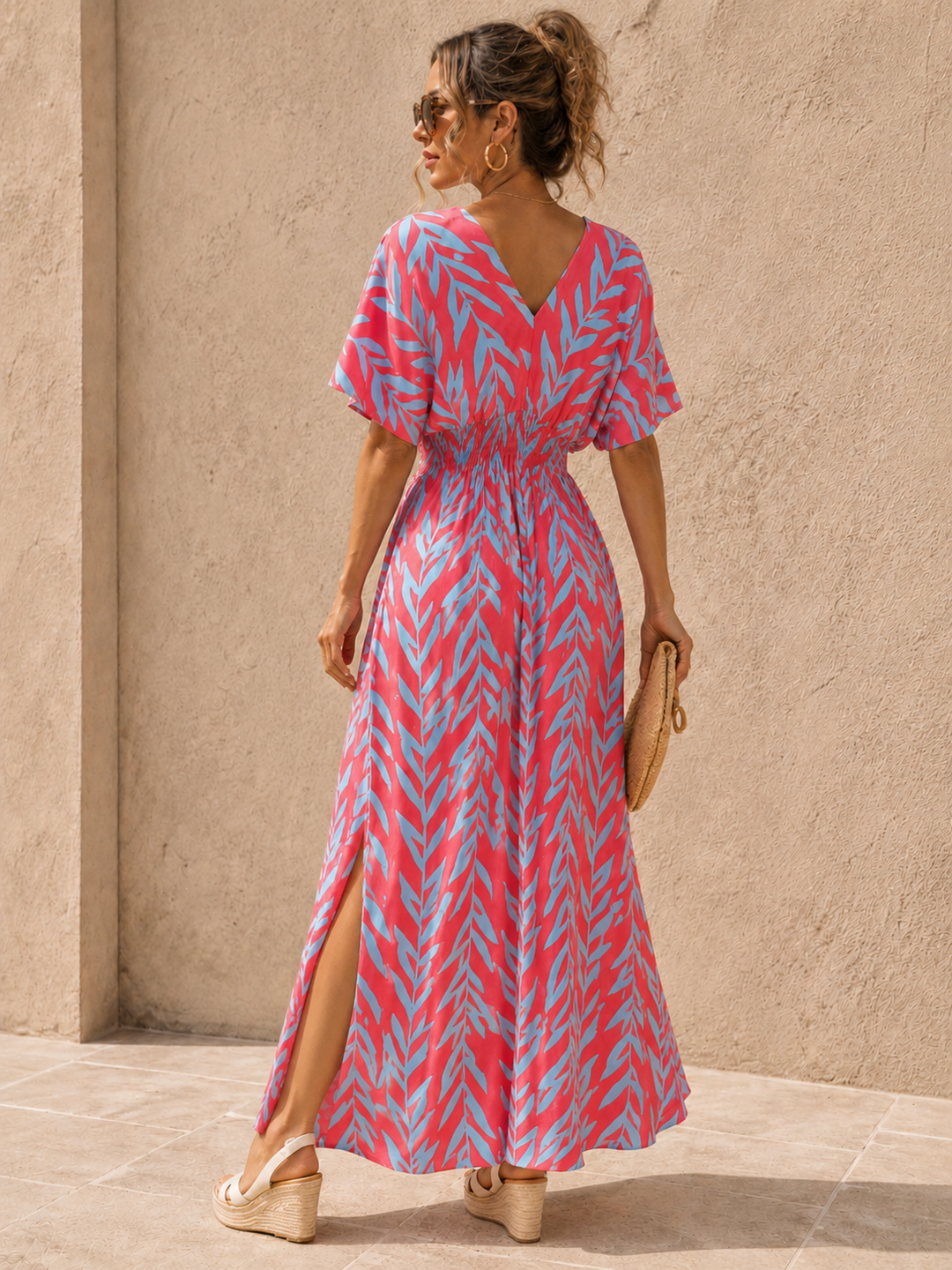 Yuliana Leaf Print Dress Coral
