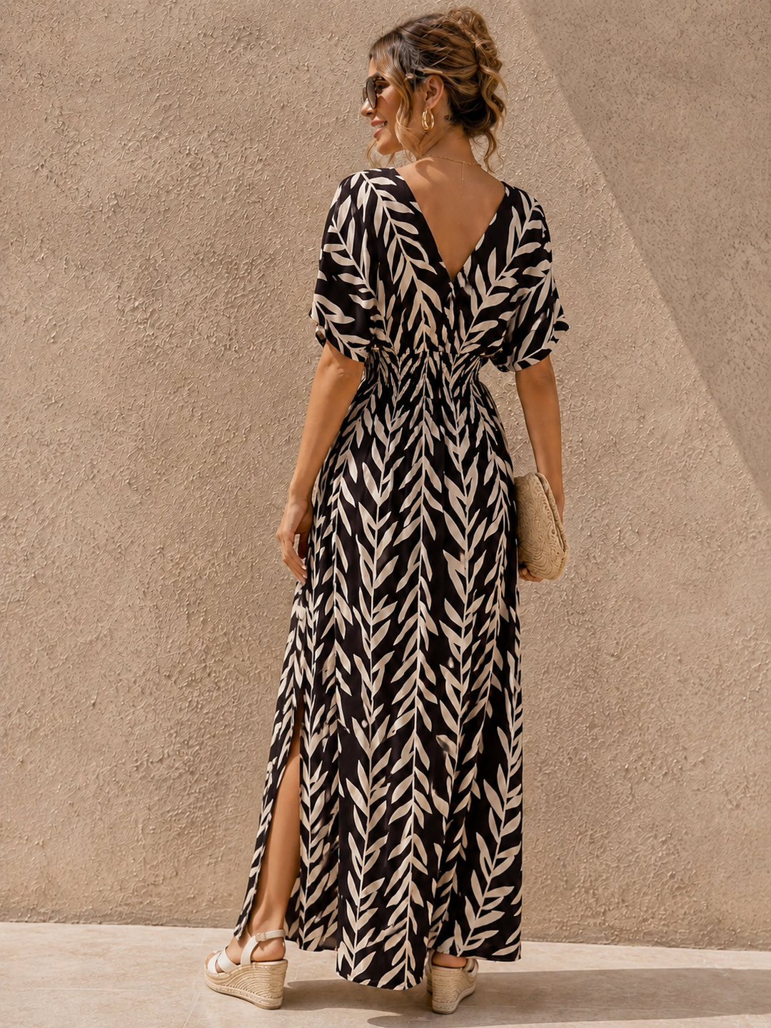 Yuliana Leaf Print Dress Chocolate