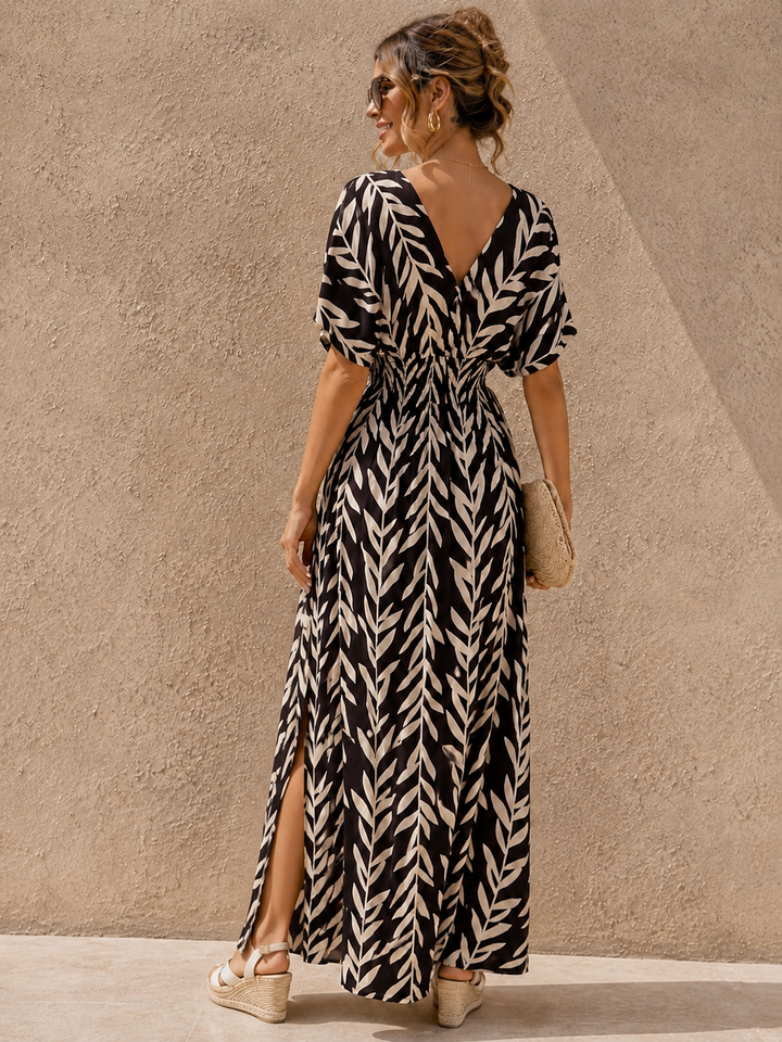 Yuliana Leaf Print Dress Chocolate