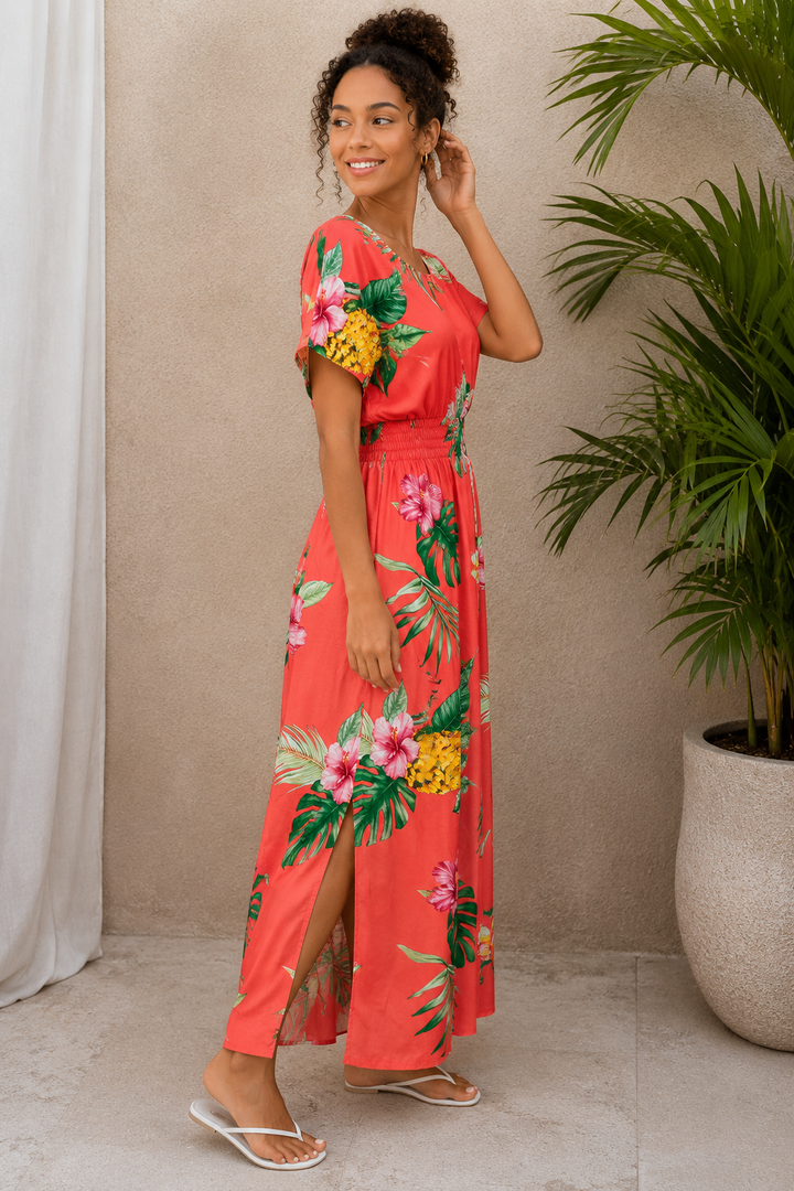 Zarena Hibiscus Flower Dress Coral