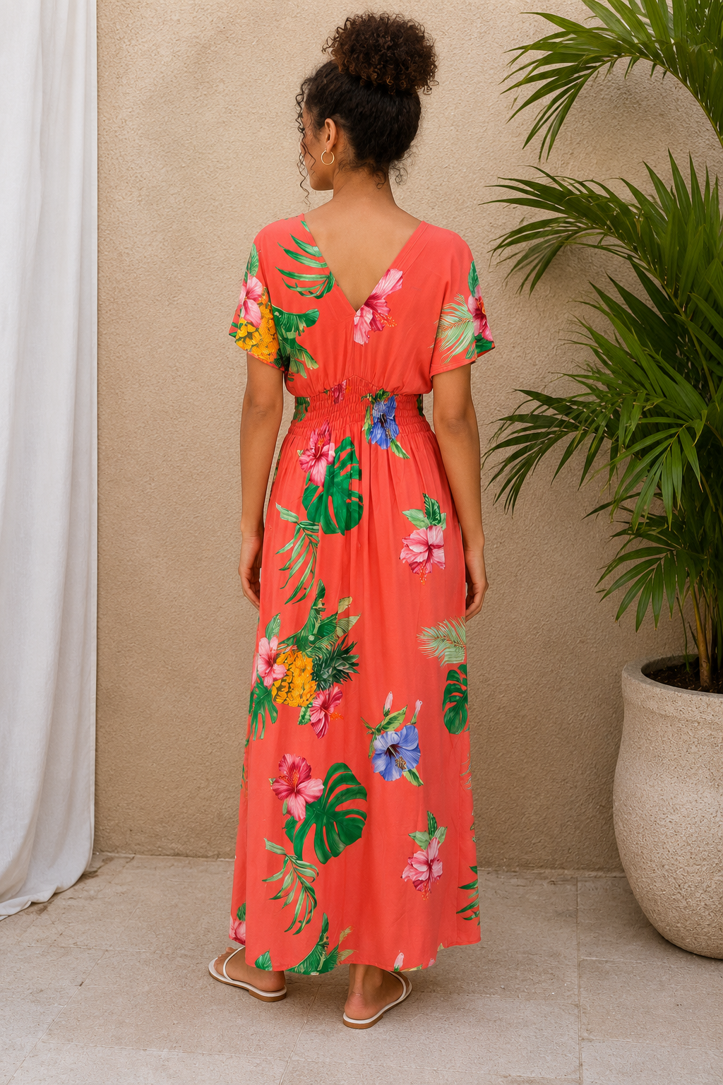 Zarena Hibiscus Flower Dress Coral