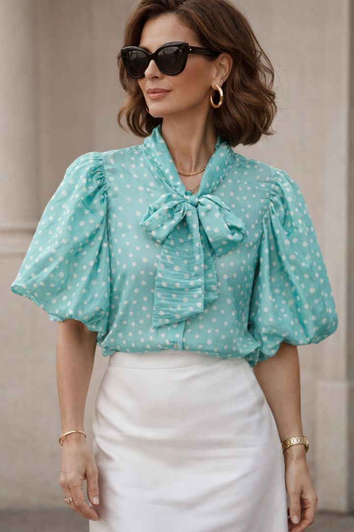 Petra Bow Tie Polka Dot Blouse Aqua