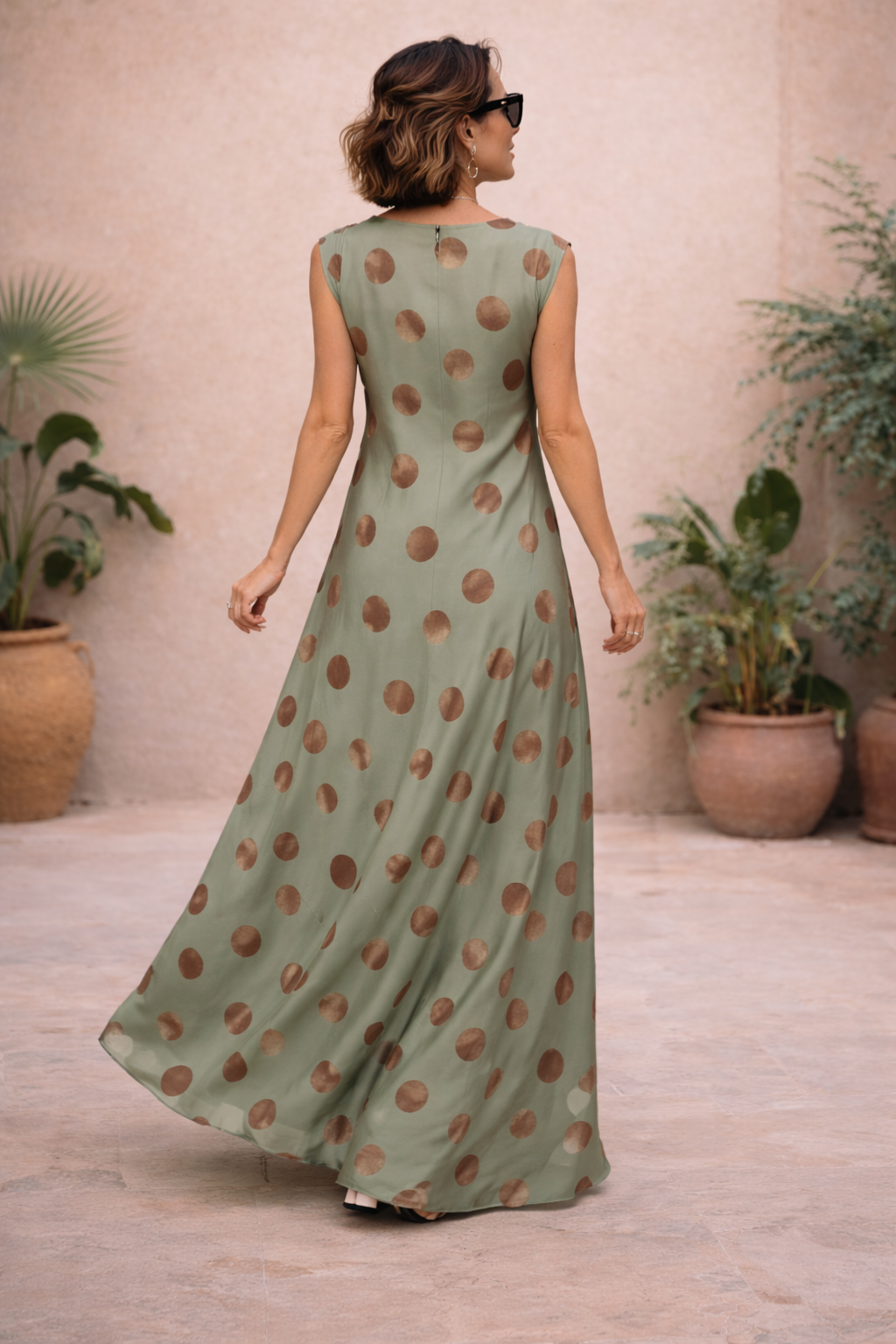 Cadence Cowl Polka Dot Dress Sage