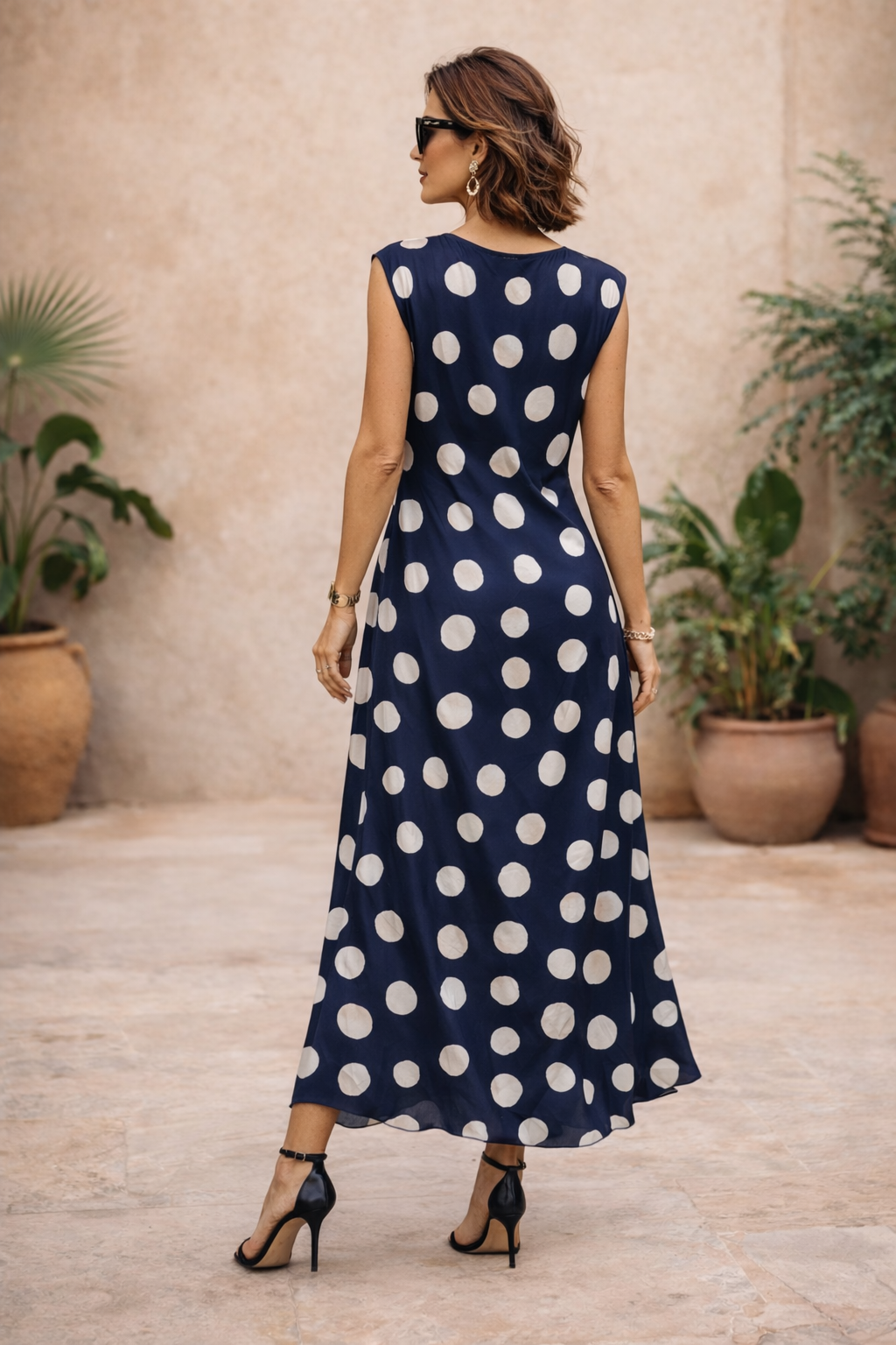 Cadence Cowl Polka Dot Dress Navy