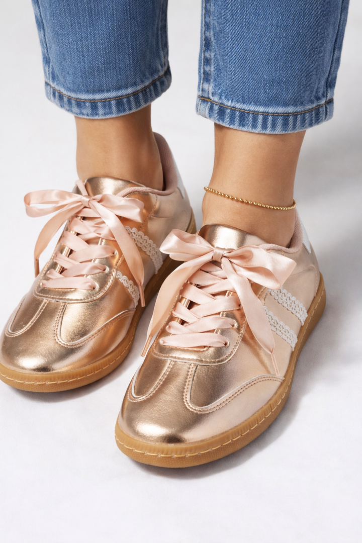 Zhara Ribbon Lace Trainers Rose Gold