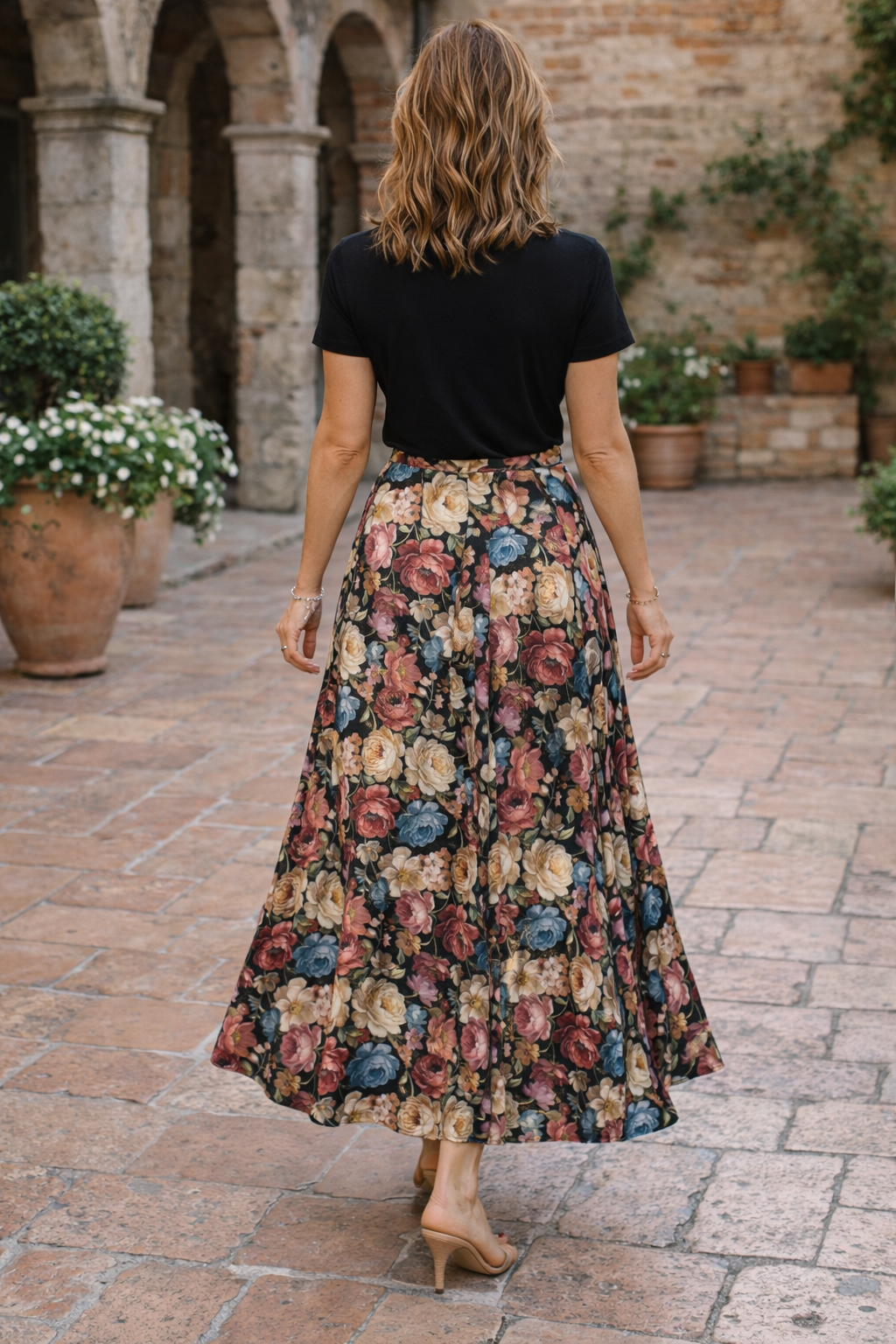 Floral Silky Skirt Black