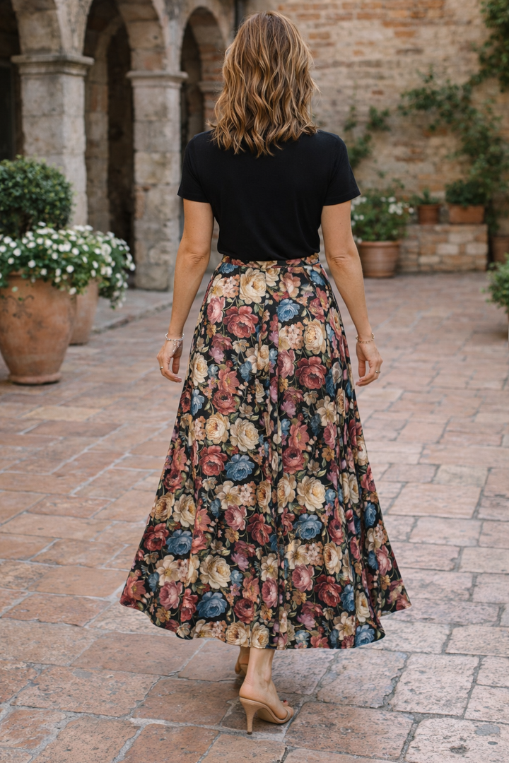 Floral Silky Skirt Black