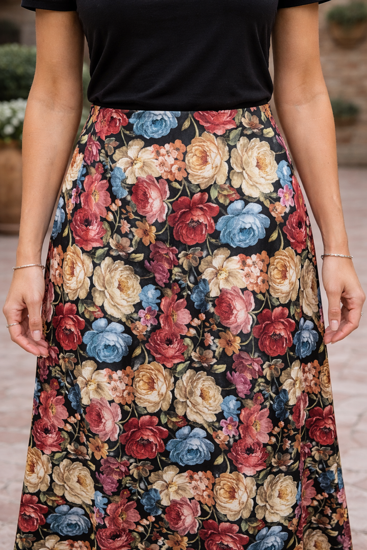 Floral Silky Skirt Black
