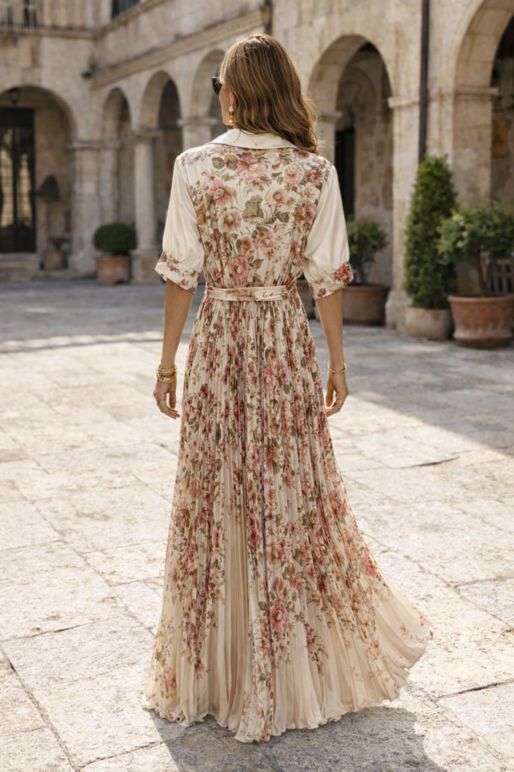 Fiora floral Pleat Dress Cream