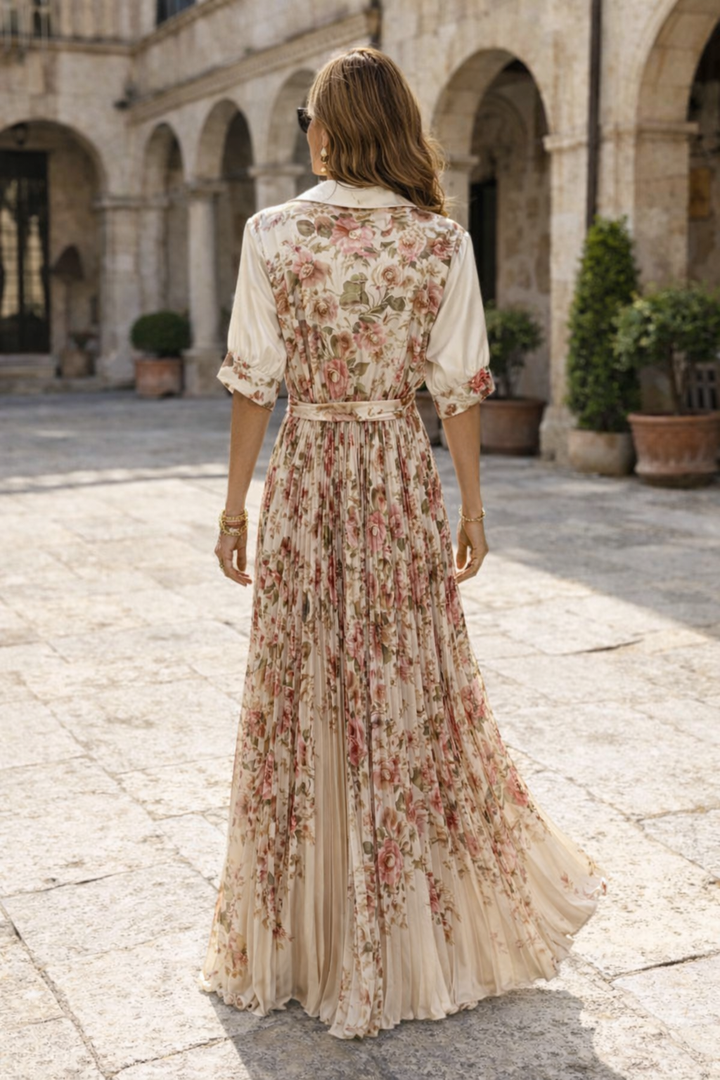 Fiora floral Pleat Dress Cream