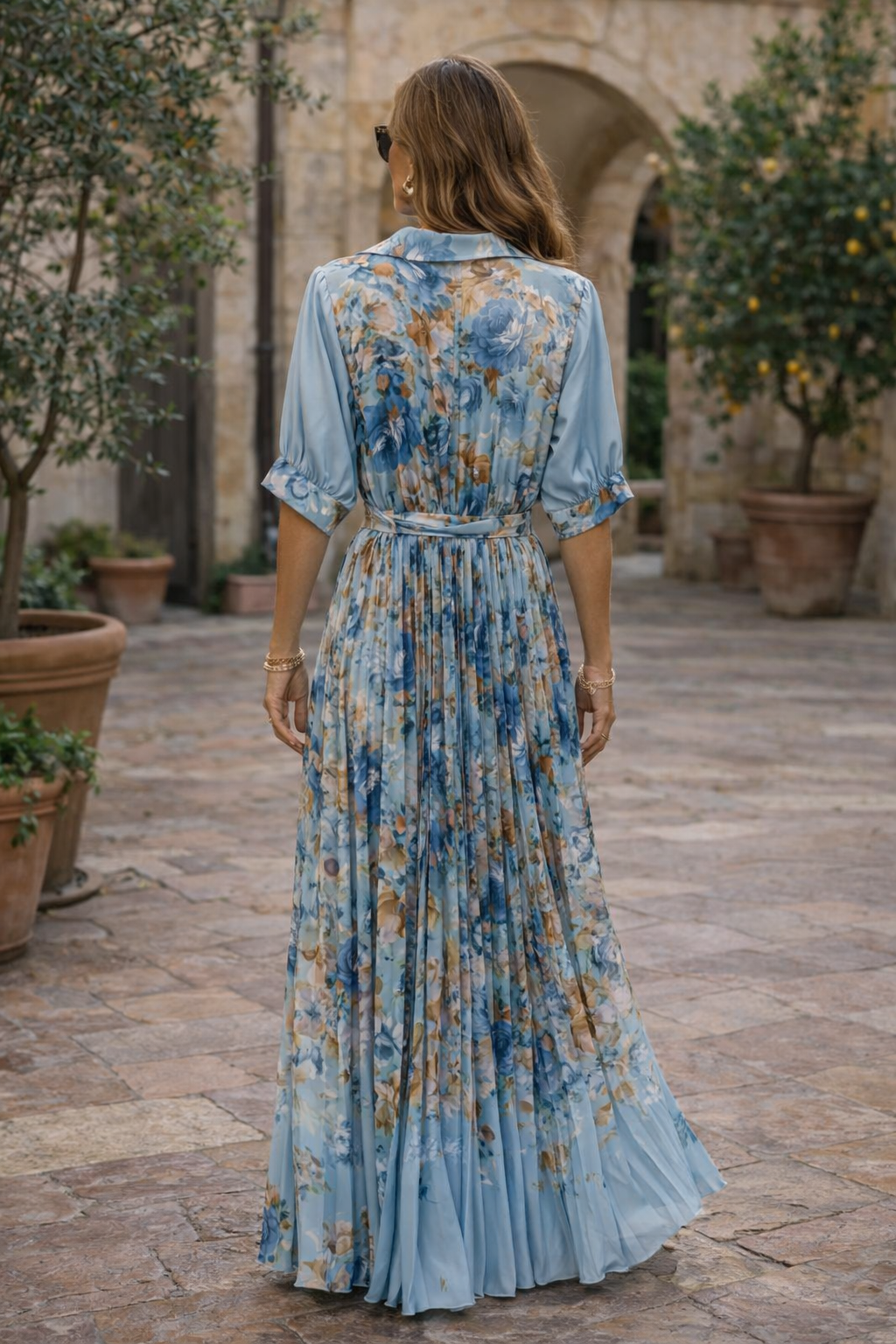 Fiora floral Pleat Dress Blue