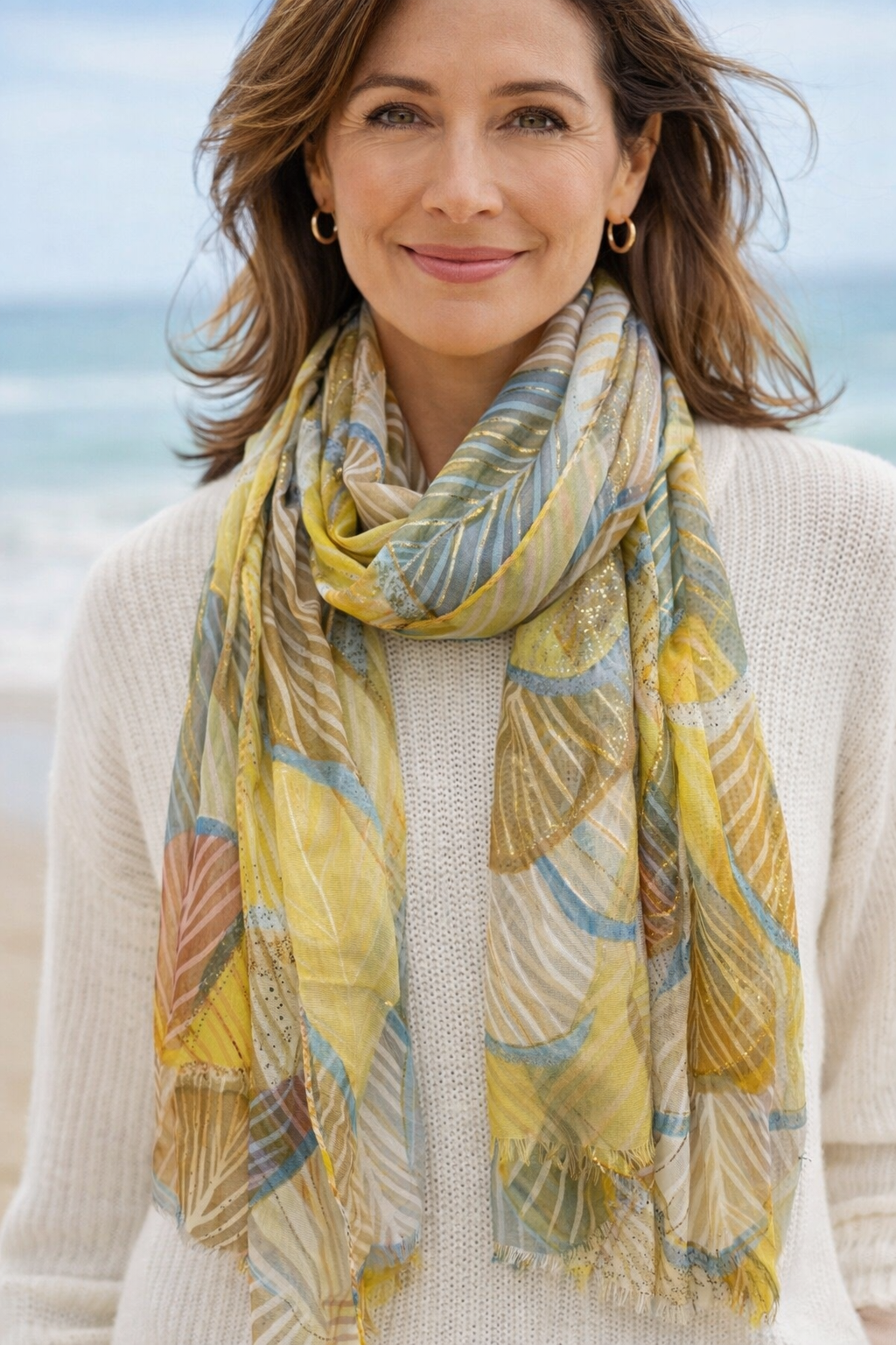 Gold Leaf Print Scarf Yellow