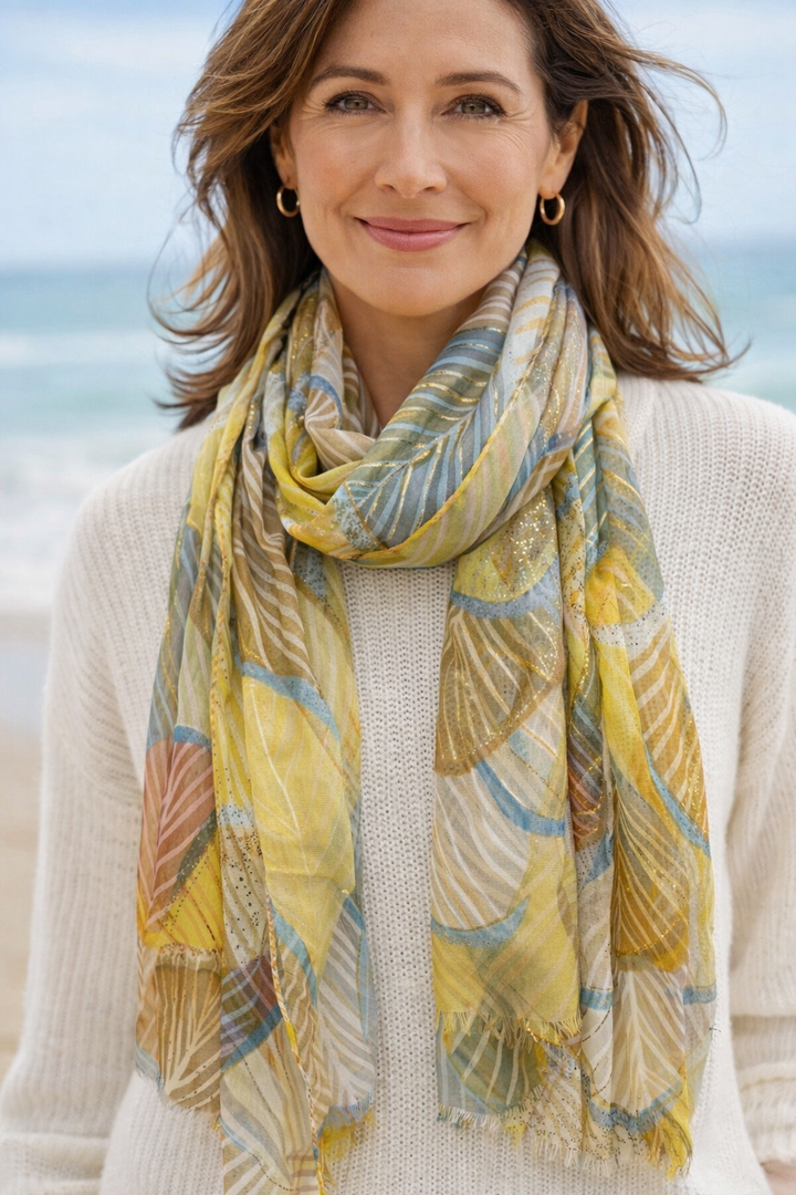 Gold Leaf Print Scarf Yellow