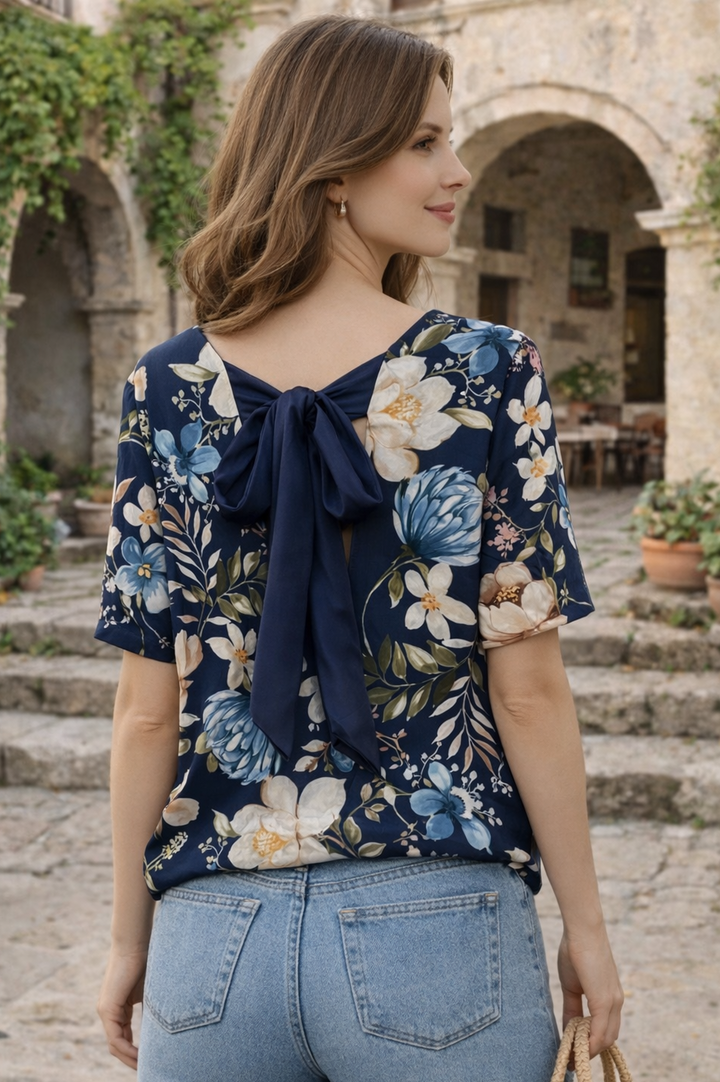 Amalia Floral Bow Top Navy
