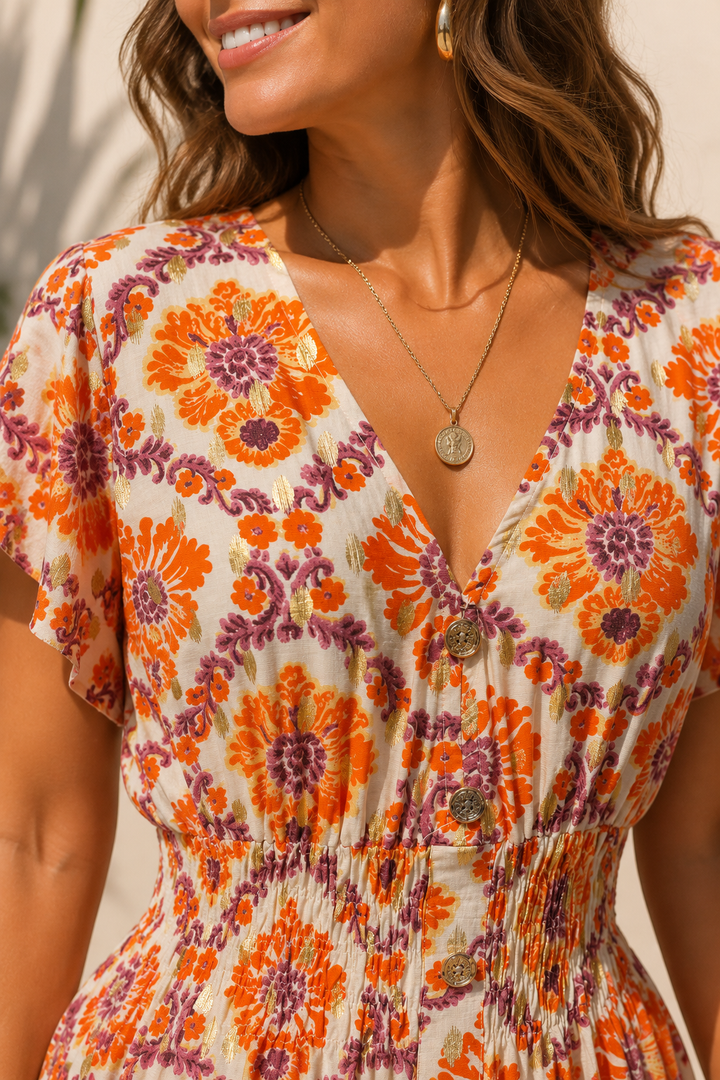 Sia Shirred Maxi Dress Orange/Purple
