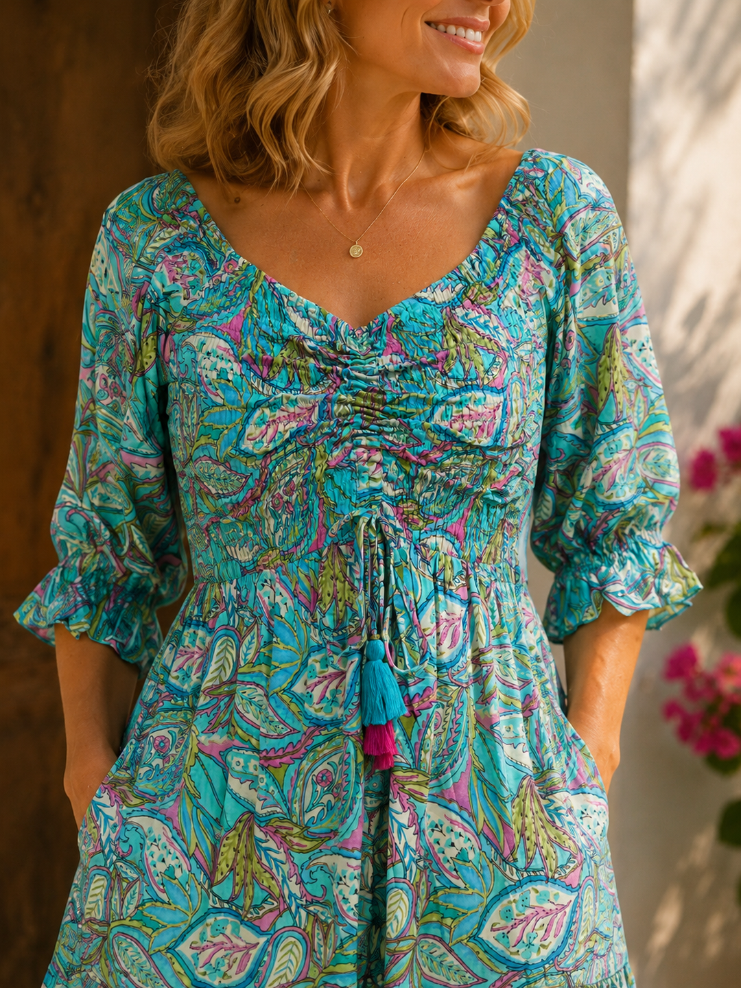 Rosabella Shirred Silk Dress Aqua