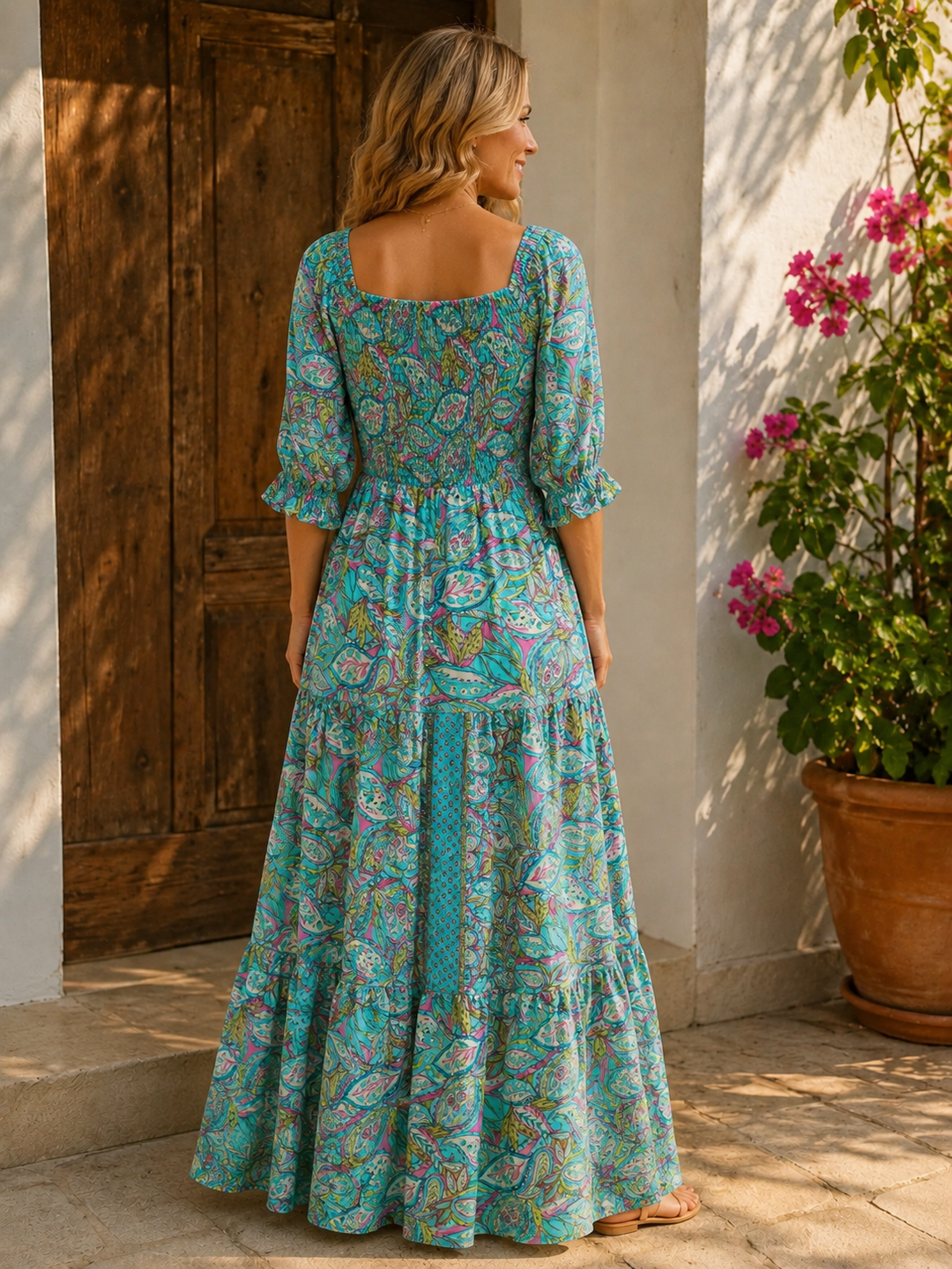 Rosabella Shirred Silk Dress Aqua