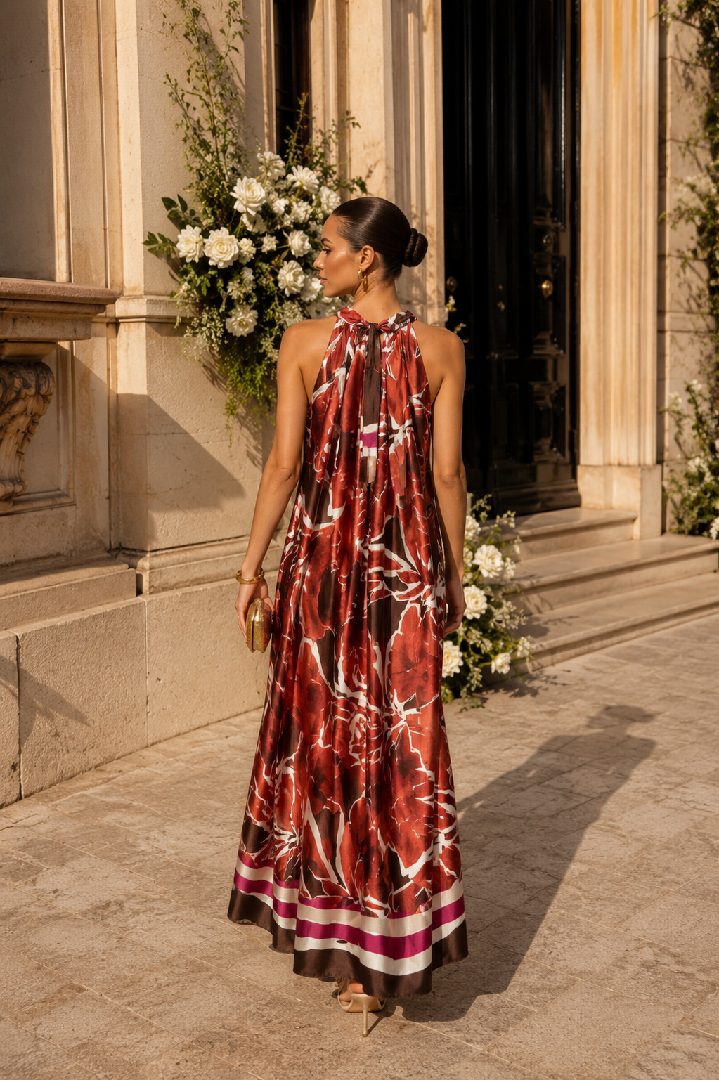 Nicoletta Leaf Print Dress Copper