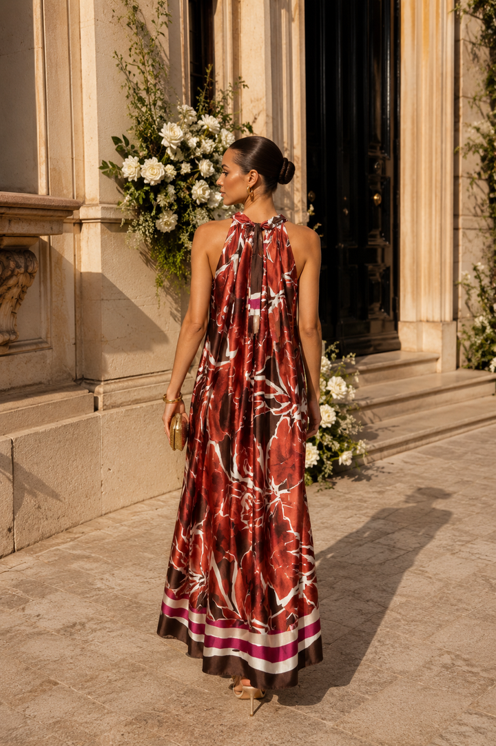 Nicoletta Leaf Print Dress Copper