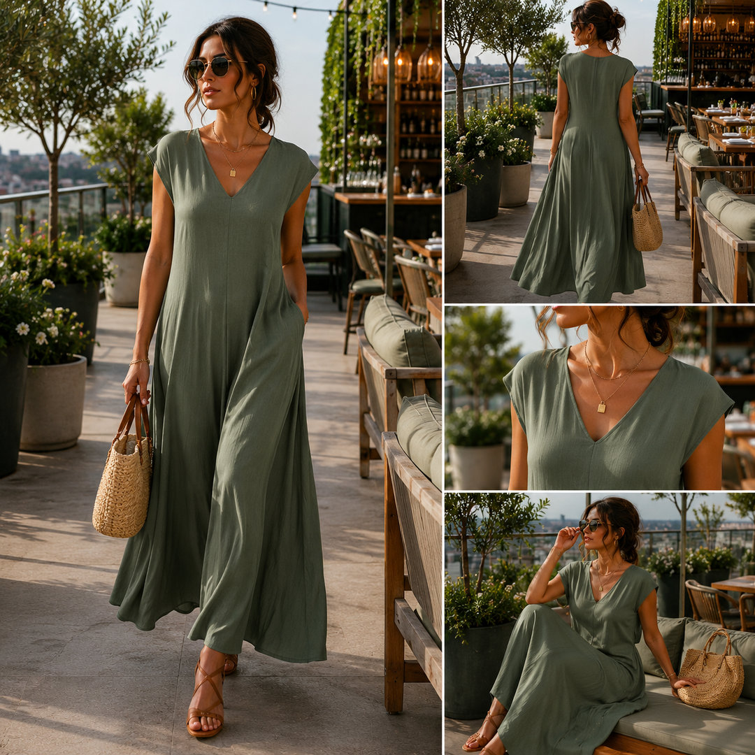 Romina V - Neck Dress Khaki