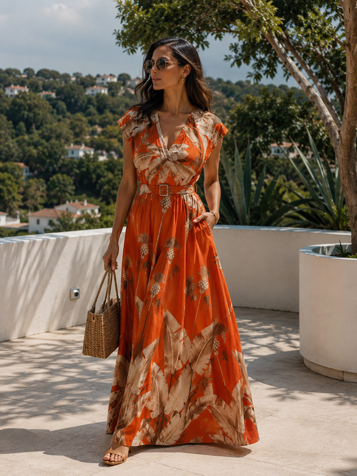 Ornella Tropical Belted Dress Cinnamon