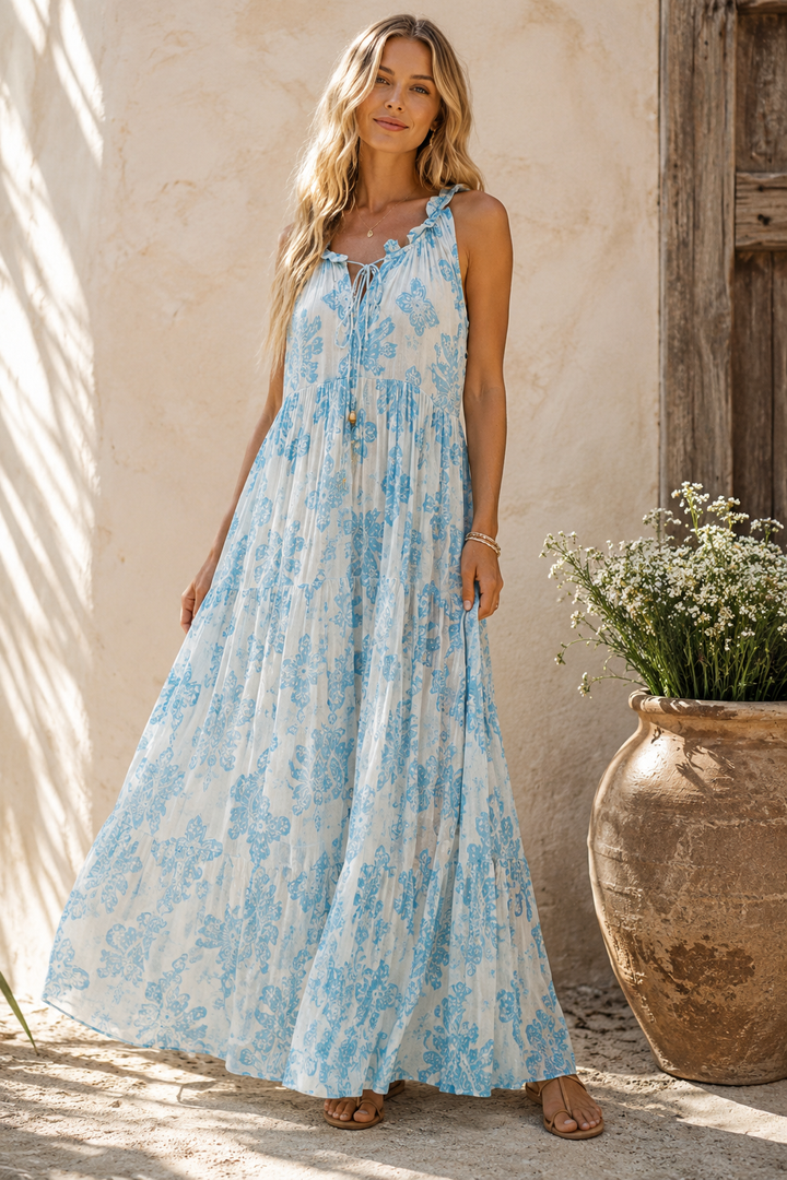 Nita Damask Maxi Dress Blue